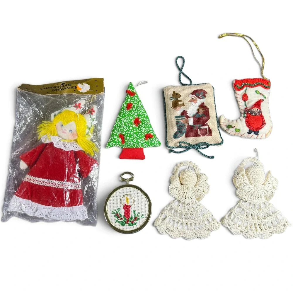 Vintage Christmas Ornament Lot Crochet Angels Santa Cross Stitch Fabric 7pc